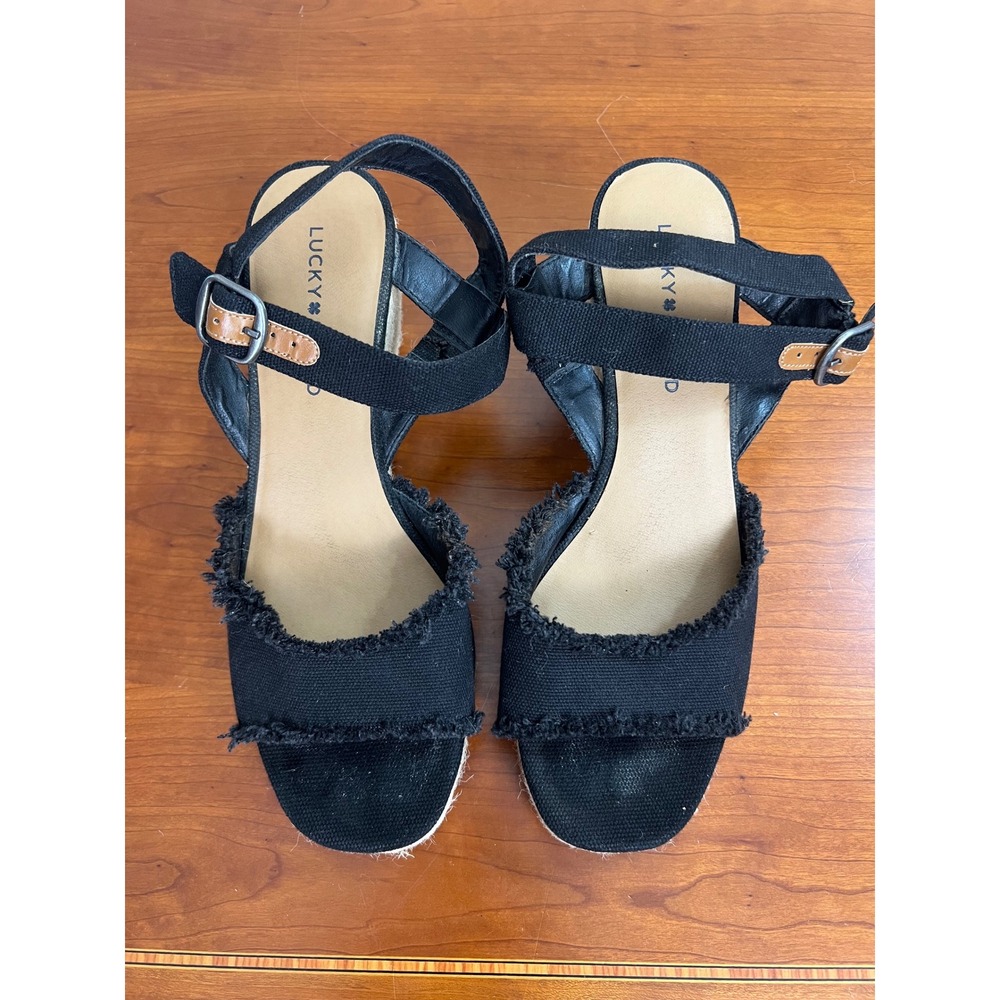Lucky Brand Mindra Black Canvas Frayed Espadrille Wedge Sandals Womens 9M